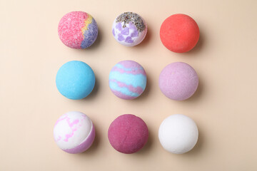Colorful bath bombs on light background, flat lay