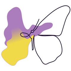 Vector abstract drawing of a butterfly one black line with colored spots of purple and yellow colors