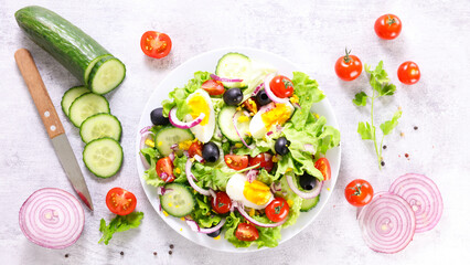 vegetable salad with cucumber,  egg and tomato