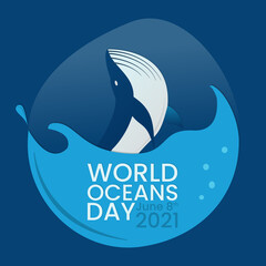 World Oceans Day poster, Instagram feed, banner. Underwater whale swimming in the ocean.