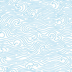 Vector ocean background with abstract waves. Seamless pattern with simple doodle blue sea.