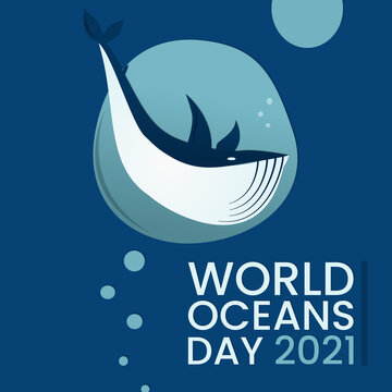 World Oceans Day poster, Instagram feed, banner. Underwater whale swimming in the ocean.