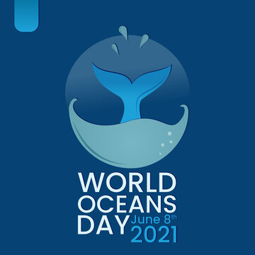 World Oceans Day poster, Instagram feed, banner. Underwater whale swimming in the ocean.