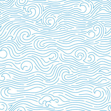 Vector ocean background with abstract waves. Seamless pattern with simple doodle blue sea.