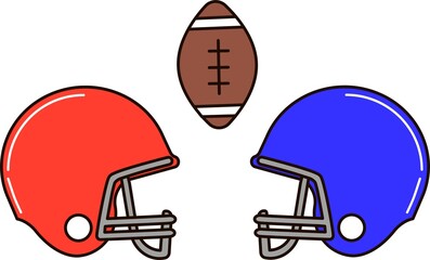 Rugby ball, red and blue helmets with facemask isolated on white background. Vector flat set of sport equipment for american football