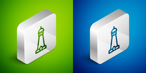Fototapeta premium Isometric line Mosque tower or minaret icon isolated on green and blue background. Silver square button. Vector
