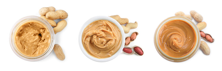 Set with delicious peanut butter on white background, top view. Banner design