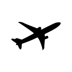 The silhouette of a passenger plane is black on a white background.