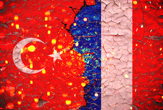 Grunge France VS Turkey national flags icon pattern isolated on broken cracked wall background, abstract international political relationship friendship divided conflicts concept texture wallpaper