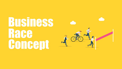 Finish line. Businessman, winner tearing the finishing line. Business concept, teamwork for business development. Vector illustration with place for your text.