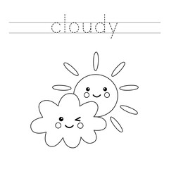 Tracing letters with cute kawaii cloud and sun. Writing practice for kids.