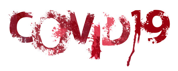 COVID 19 lettering with ominous bloody letters on a light background. Scary vector inscription in the form of abstract splashes and blots of blood or red paint. Design element for banner, warning sign