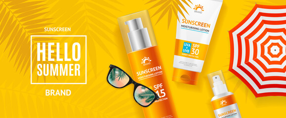 Hello Summer Concept Banner Horizontal with Realistic Detailed 3d Sunscreen. Vector