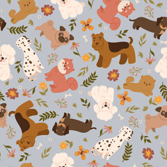 Seamless pattern with cute dogs and flowers. Vector graphics.