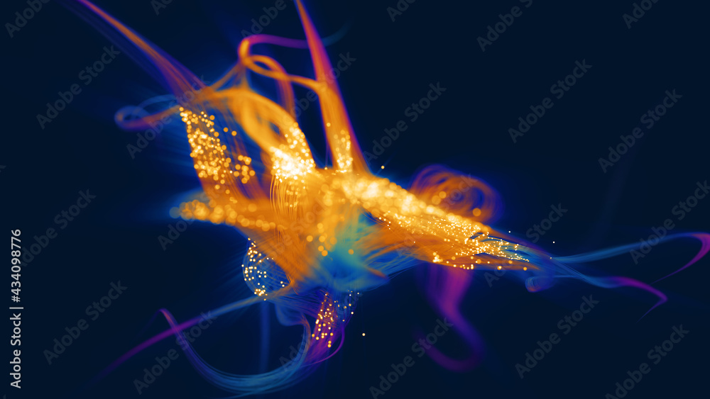 Poster abstract colorful glowing fibers on a dark background. 3d render / rendering.