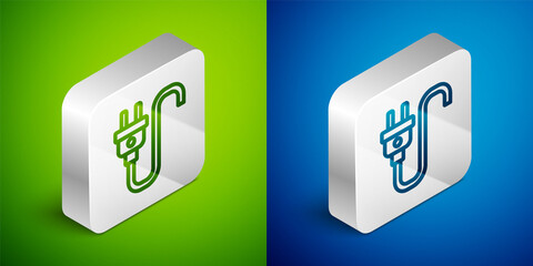 Isometric line Electric plug icon isolated on green and blue background. Concept of connection and disconnection of the electricity. Silver square button. Vector