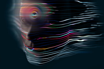 Futuristic human head, black with bright lines. Concept of artificial intelligence. 3D render / rendering.