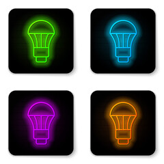 Glowing neon line LED light bulb icon isolated on white background. Economical LED illuminated lightbulb. Save energy lamp. Black square button. Vector