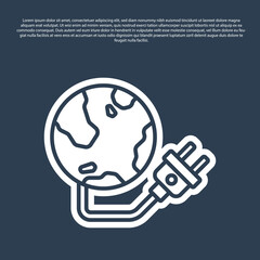 Blue line Global energy power planet with plug icon isolated on blue background. Ecology concept and environmental. Vector