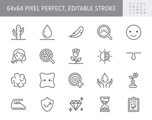Cosmetic properties line icons. Vector illustration include icon - cream, collagen, anti aging effect, rosacea, wrinkle outline pictogram for skincare product. 64x64 Pixel Perfect, Editable Stroke