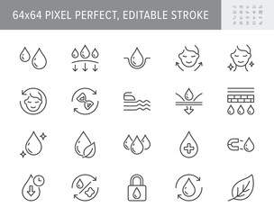 Cosmetic properties line icons. Vector illustration include icon - cream, body lotion, lifting, moisture, anti wrinkle outline pictogram for skincare product. 64x64 Pixel Perfect, Editable Stroke - obrazy, fototapety, plakaty