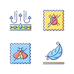 Fabric quality characteristics vector flat color icon set. Moth protection and light textile. Dust mite proof textile. Cartoon style clip art for mobile app pack. Isolated RGB illustration bundle