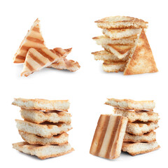 Set with delicious crispy pita chips on white background