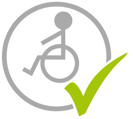 Grauer Kreis mit grünem Häkchen und Rollstuhl: Barrierefrei