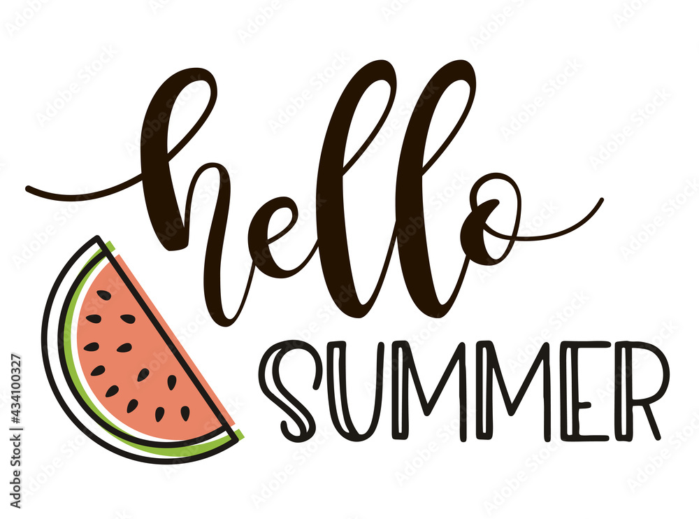 Wall mural hello summer lettering with watermelon. vector illustration