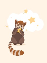 Naklejka premium A cute red panda is holding a star. Illustration of an animal for a nursery, a character for children.