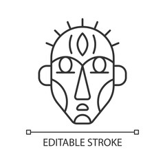 Ritual masks linear icon. Supernatural beings, ancestors representation. Ceremonial mask. Thin line customizable illustration. Contour symbol. Vector isolated outline drawing. Editable stroke