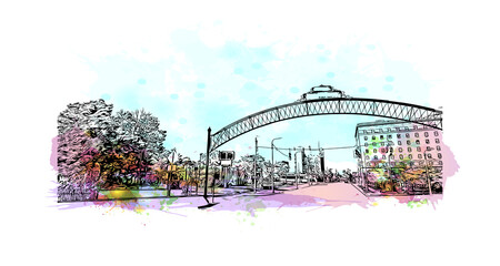 Building view with landmark of Flint is the 
city in Michigan. Watercolor splash with hand drawn sketch illustration in vector. - obrazy, fototapety, plakaty