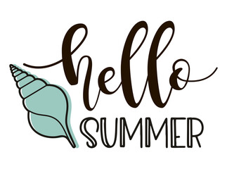 Hello Summer Lettering with sea shell,. Vector Illustration