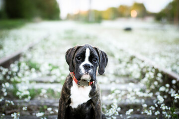 Beautiful dark brindle boxer puppy with white flowers