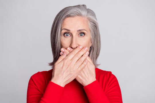 Photo Of Senior Woman Close Cover Hands Lips Oops Fail Problem Tell Secret Worried Isolated Over Grey Color Background