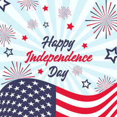 Fototapeta premium Happy Independence Day background. Fourth of July background. American Independence Day design with stars, stripes and fireworks. 4th of July banner template. Vector illustration.