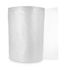 Transparent bubble wrap roll isolated on white