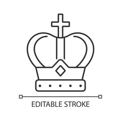 Royal crown linear icon. Head adornment for monarchs. Royal family jewels. Coronation ceremony. Thin line customizable illustration. Contour symbol. Vector isolated outline drawing. Editable stroke