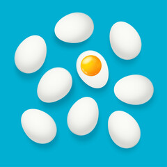 Realistic Detailed 3d White Whole Eggs and Half. Vector