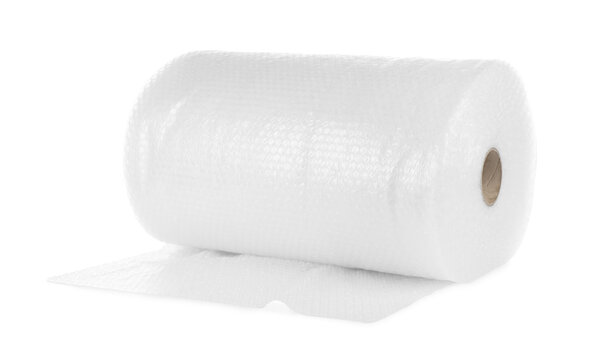Transparent bubble wrap roll isolated on white