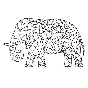 Elephant. Design Zentangle. Hand drawn elephant with abstract patterns on isolation background. Design for spiritual relaxation for adults. Black and white illustration for coloring. Zen art