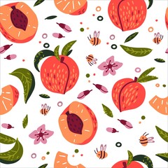 Doodle peach, flowers, leaves, bees vector seamless pattern. Hand-drawn texture for kitchen wallpaper, textile, fabric, paper. Food background. Flat fruits on white. Vegan, farmed, natural