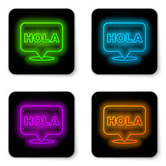 Glowing neon line Hola icon isolated on white background. Black square button. Vector © vector_v