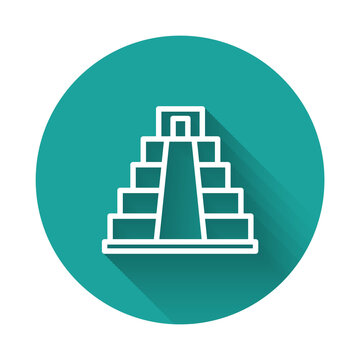 recommend clip art: White line Chichen Itza in Mayan icon isolated with long shadow background. Ancient Mayan pyramid. Famous monument of Mexico. Green circle button. Vector