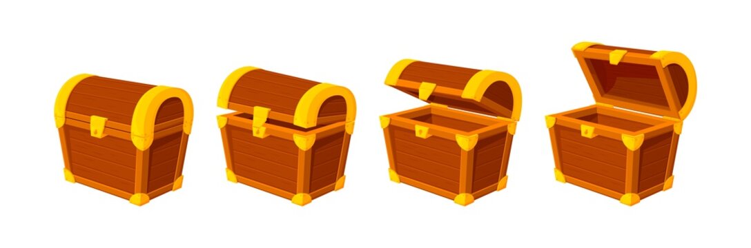 Cartoon Treasure Chest. Wooden Chests, Animation Open Empty Wood Box. Game Icons Or Mysterious Elements, Vintage Opened Closed Recent Vector Design