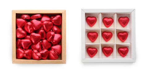 Set with delicious heart shaped chocolate candies in boxes on white background, top view. Banner design