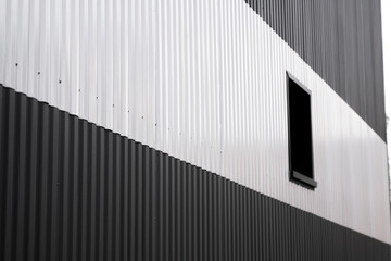 Fototapeta premium Black and white corrugated iron sheet used as a facade of a warehouse or factory with a window. Texture of a seamless corrugated zinc sheet metal aluminum facade. Architecture. Metal texture.