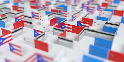 Flag of Puerto Rico on the mockup credit card maze. Financial difficulties related 3D rendering