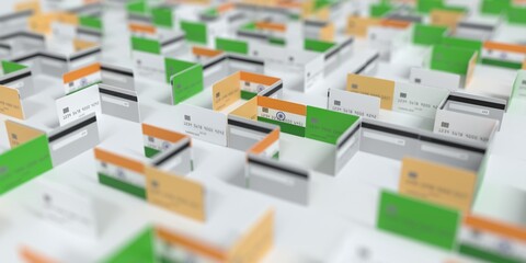 Flag of India on the mockup credit card maze. Financial difficulties related 3D rendering