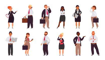 Fototapeta premium Cartoon business people characters. Office corporate group, coworking persons. Men workers wear suit, happy diverse managers decent vector set
